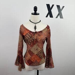 Vintage 90s Y2K Patchwork Bell Sleeve Tie Neck Top Fairycore Whimsy Grunge S